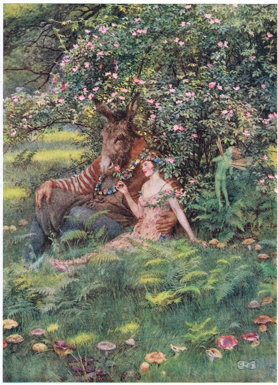 Bottom och Titania: "Kom och sätt dig ner på den här blomsterbädden" (litho) av Eleanor Fortescue Brickdale