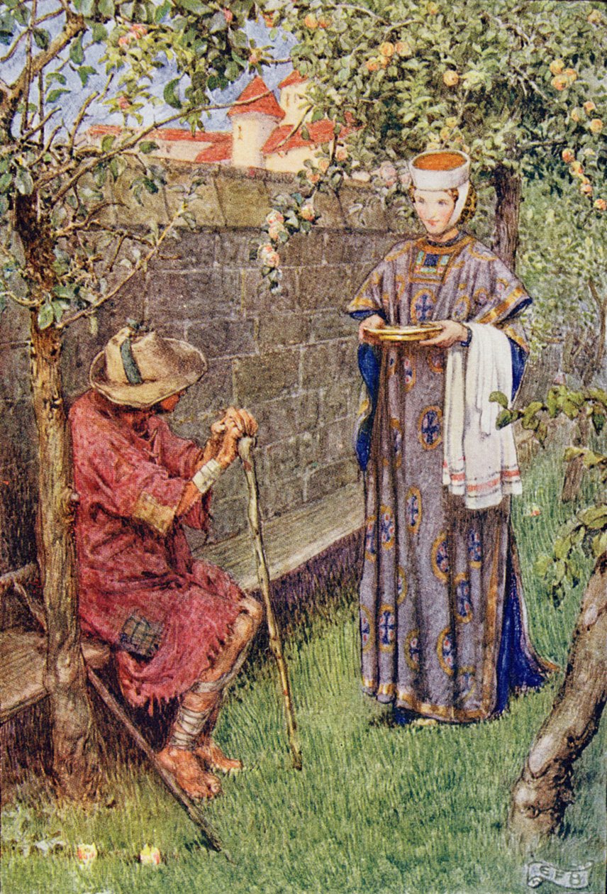 Elizabeth gick på sin mission av medlidande, från "Berättelsen om Saint Elizabeth of Hungary" av William Canton (1845-26) 1921 (färg litho) av Eleanor Fortescue Brickdale