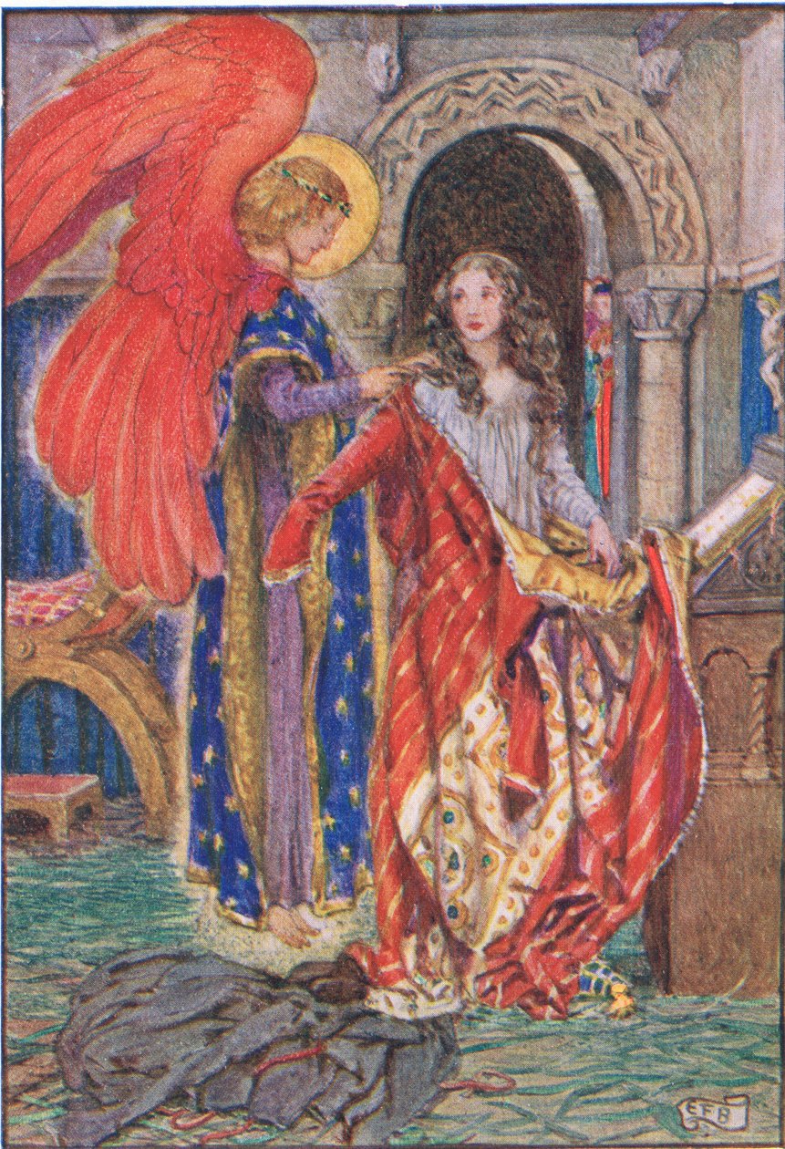 Elizabeth...bad till Gud att få klä henne, från "Berättelsen om Saint Elizabeth of Hungary" av William Canton (1845-26) 1921 (färg litho) av Eleanor Fortescue Brickdale