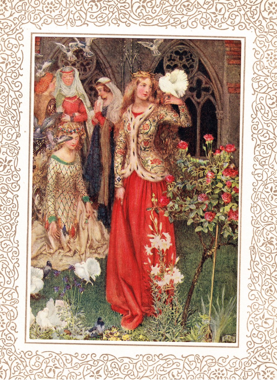 Guinevere och hennes damer i de gyllene dagarna, illustration från "Idylls of the King" av Alfred Tennyson (1809-92), publicerad av Hodder & Stoughton av Eleanor Fortescue Brickdale