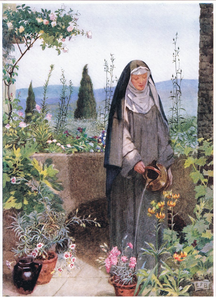 St Clare i trädgården till klostret hon grundade (litho) av Eleanor Fortescue Brickdale