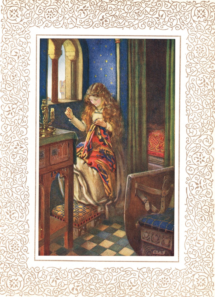 The Lily Maid of Astolat, annars känd som Lady of Shalott, illustration från "Idylls of the King" av Alfred Tennyson (1809-92), publicerad av Hodder & Stoughton av Eleanor Fortescue Brickdale