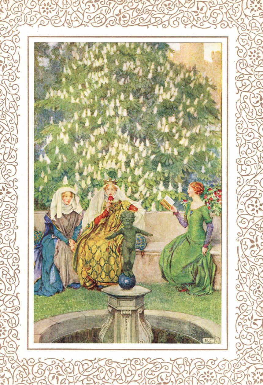 Drottningen som satt mellan hennes bästa Enid och lustiga Vivien..., illustration från 