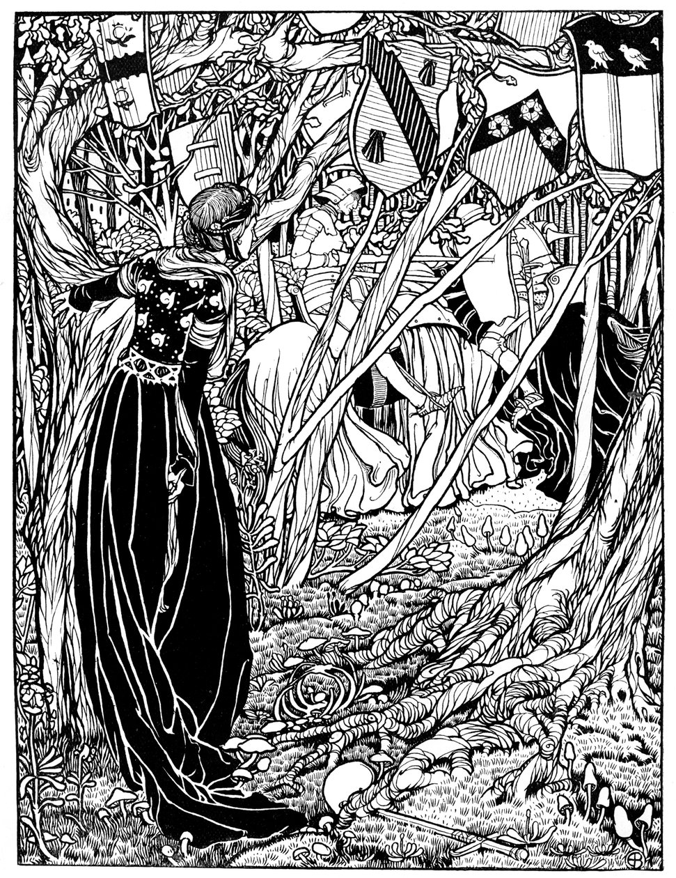En illustration för Sir Lancelot Du Lake, 1898. av Eleanor Fortescue Brickdale