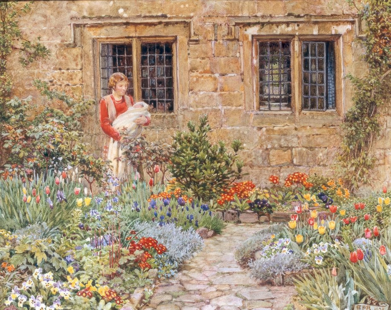 Mor och barn i en blomsterträdgård av Eleanor Fortescue Brickdale