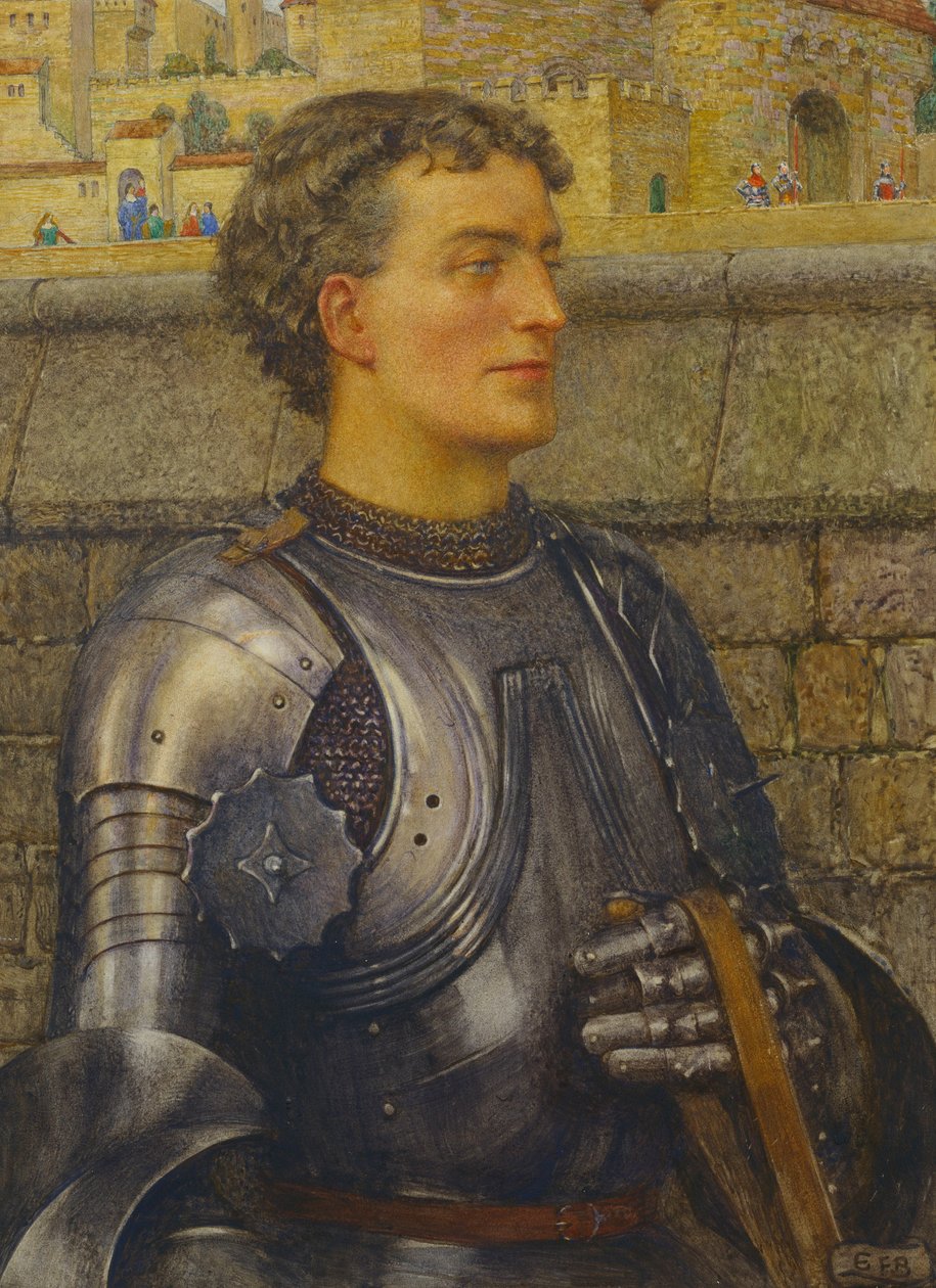 "Sir Lancelot gick först till ambassadören för att hämta henne, och hon tog honom för kungen" (penna, akvarell och kroppsfärg på papper) av Eleanor Fortescue Brickdale