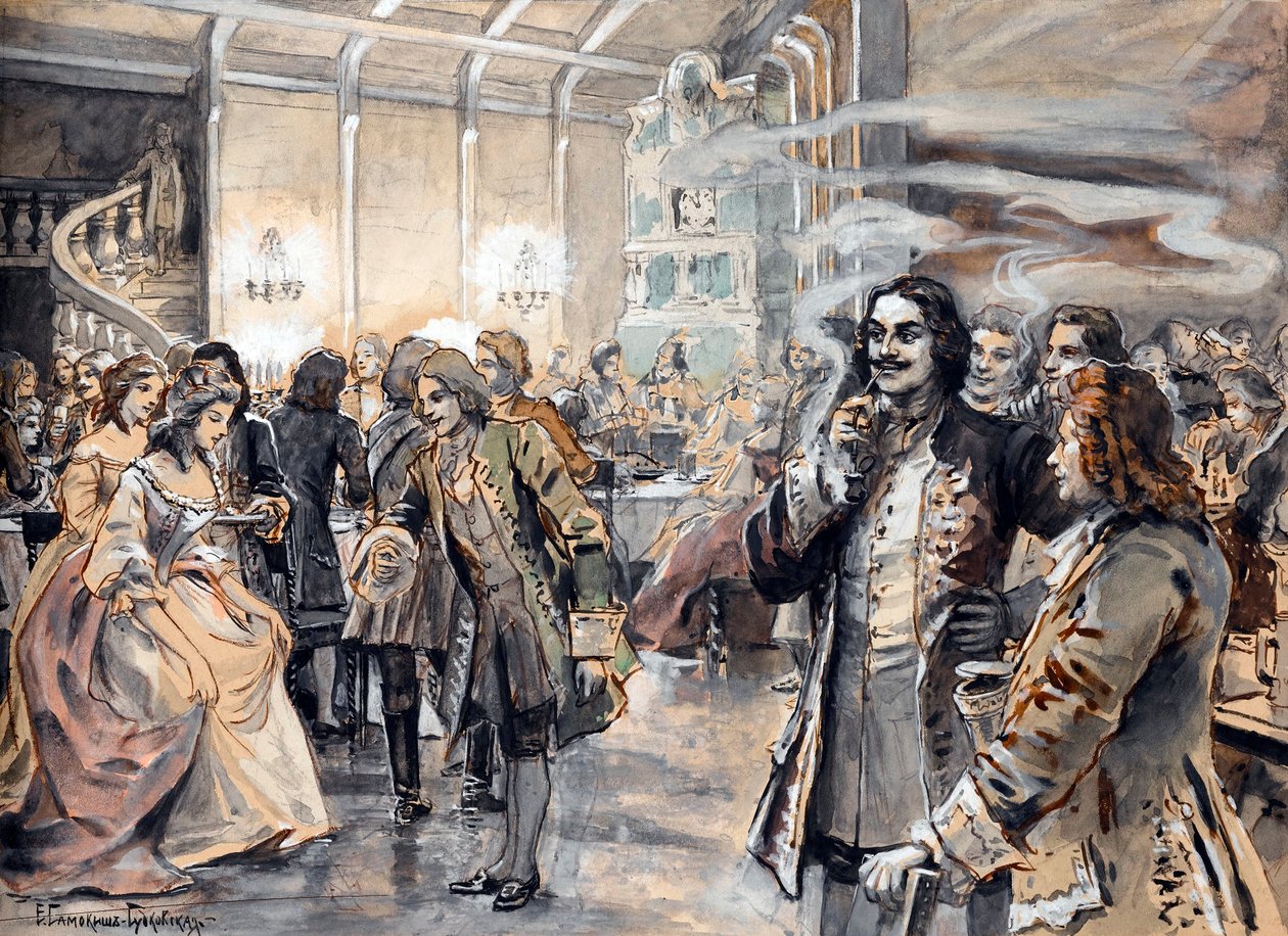 Påskfirande vid Peter den stores hov (Pierre le grand) - Peinture de Elena Petrovna Samokish Sudkovskaya (Samokish-Sudkovskaya) (1863-1924) - Akvarell, Gouache på kartong, 25,38x35 - Privat samling av Elena Petrovna Samokish Sudkovskaya