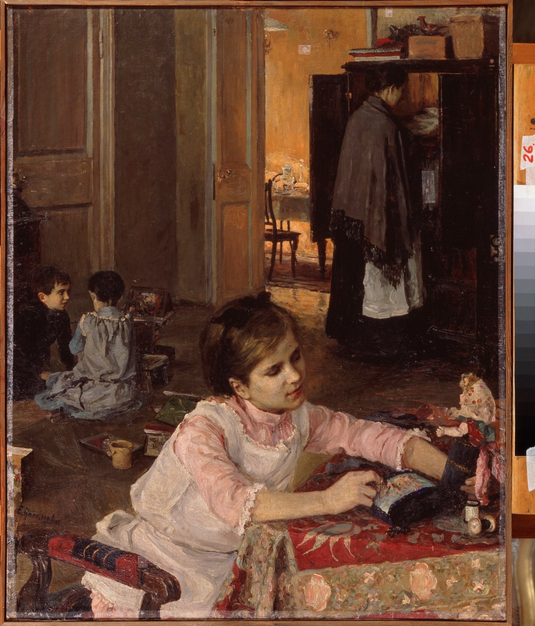 Barnrum (Barn leker med sina leksaker, medan en hembiträde ordnar tvätt i skåpet) - Barnrum - Målning av Elena Dmitryevna Polenova (1850-1898), olja på duk av Elena Polenova