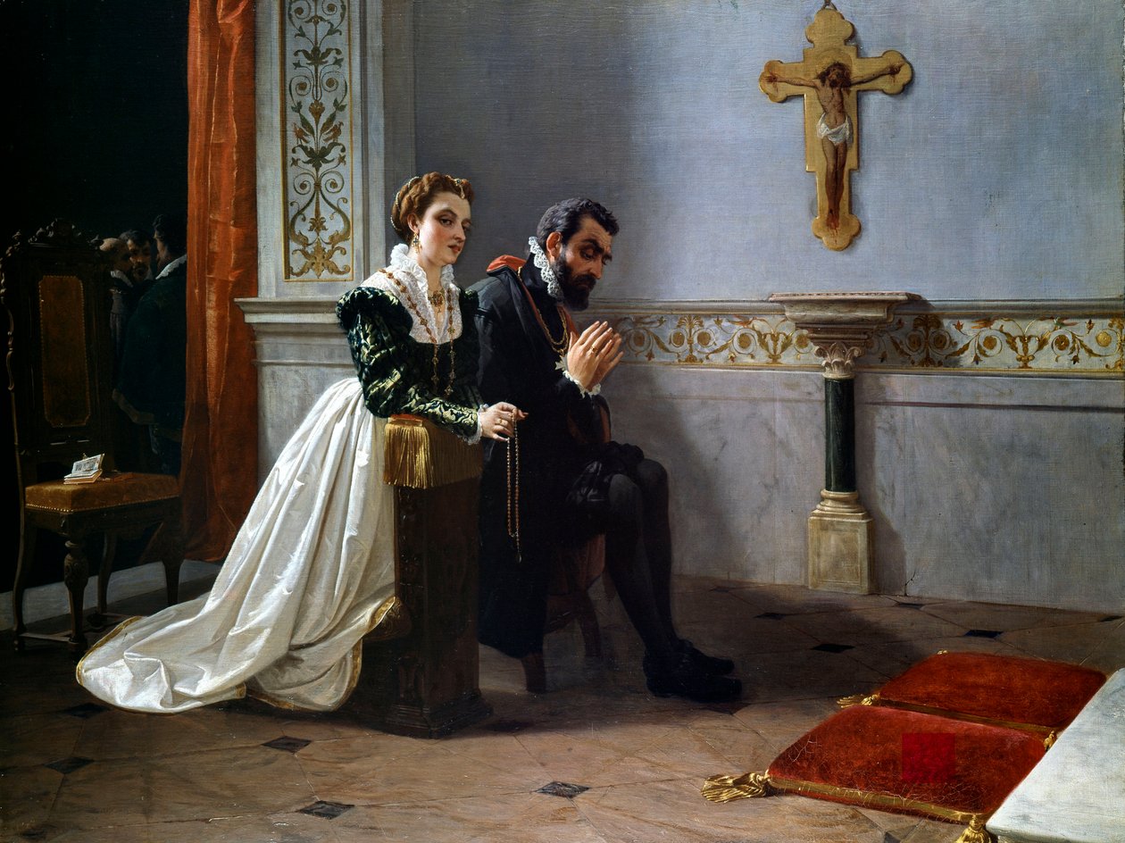 Bianca Cappello och Francois I de Medici (1541-1587) (Francesco Primo I de Medici) ber inför ett krucifix (olja på duk) av Eleuterio Pagliano