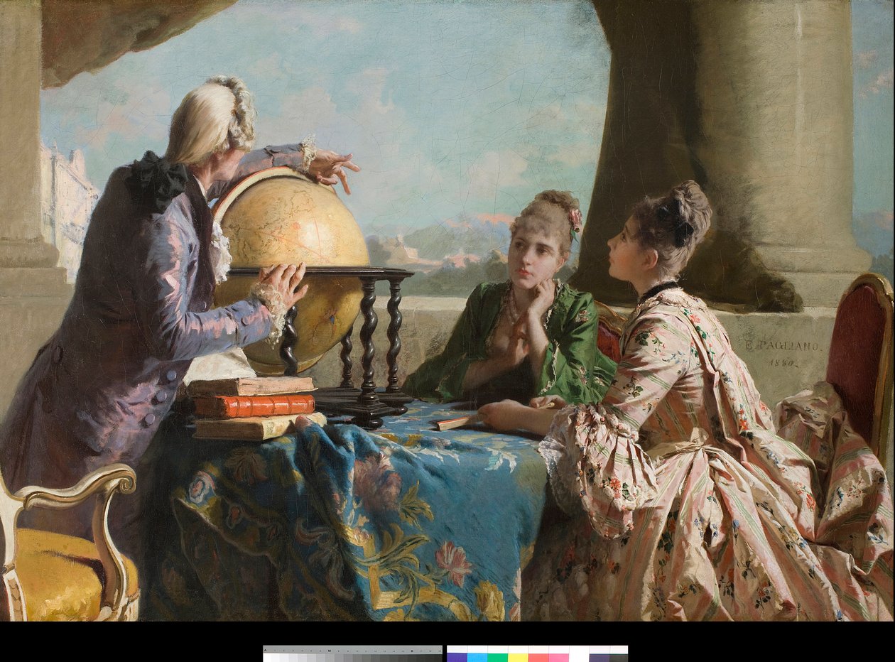 The Lecon of Geography Två unga kvinnor i det höga samhället och deras lärare visar dem en jordklot Målning av Eleuterio Pagliano (1826-1903) 1880 Privat samling av Eleuterio Pagliano