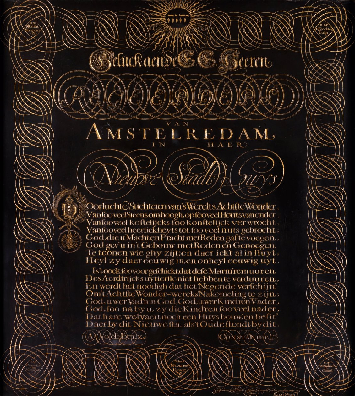 Graverad dikt av C. Huygens- Geluck aen de E.E. Herr herrar guvernörer i Amstelredam ... av Elias Noski