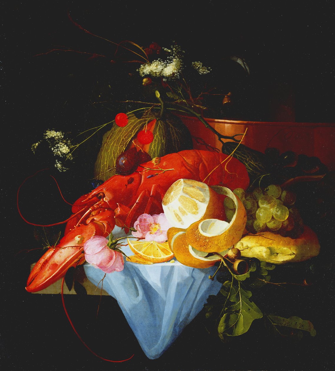 Ett stilleben med hummer, citron och vindruvor av Elias van den Broeck