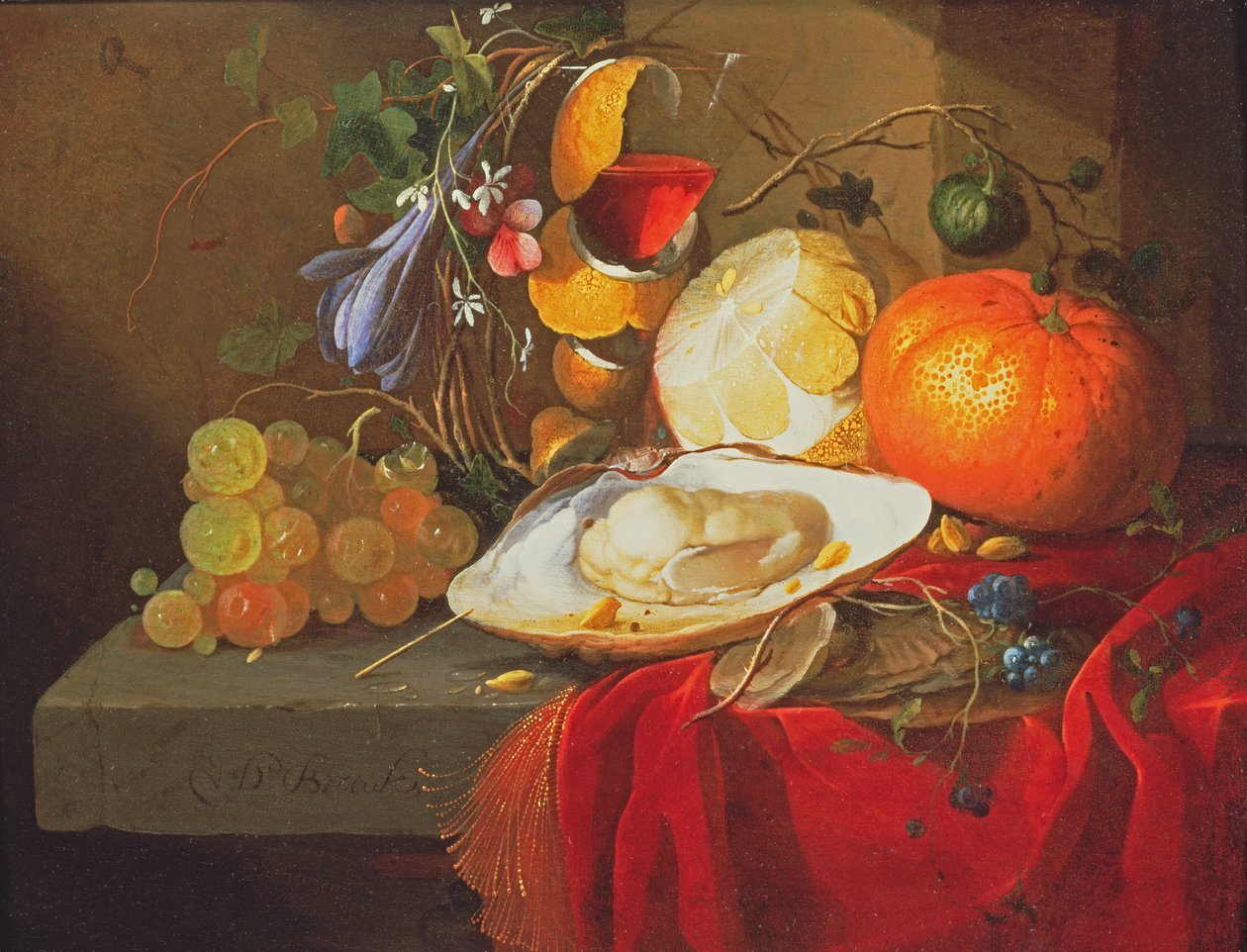 Ett ostron, ett glas vin och frukt på ett bord täckt med ett rött sammetsdraperi av Elias van den Broeck