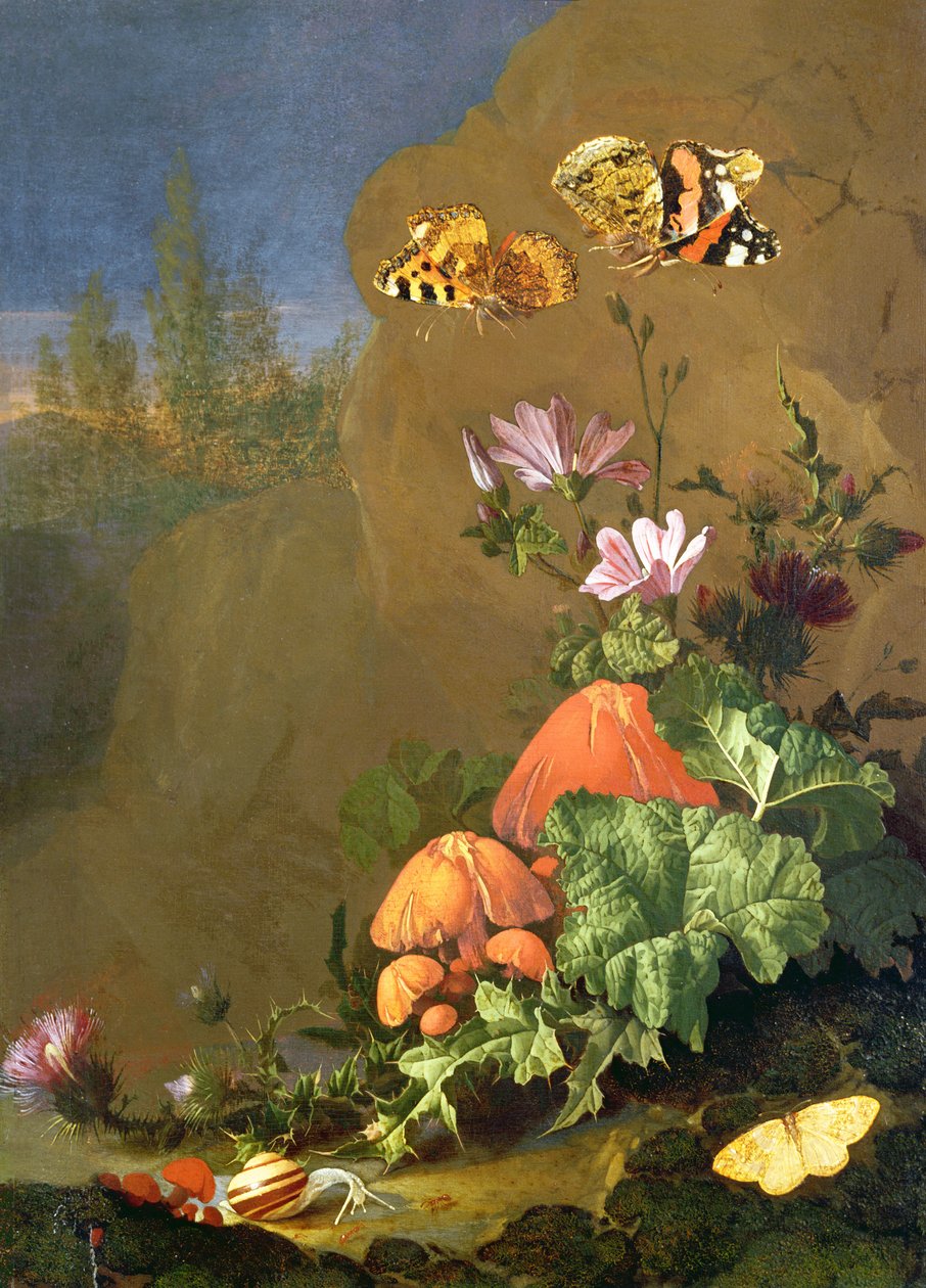 Stilleben av skogsgolv med blommor, svamp och sniglar av Elias van den Broeck