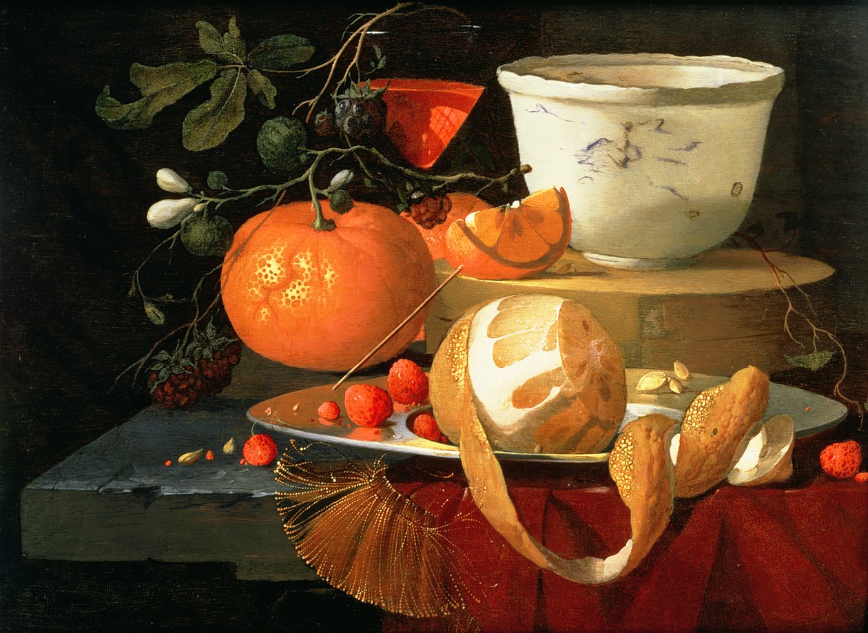 Stilleben av en apelsin, en citron och jordgubbe på en tennplatta, en wan-li skål bakom av Elias van den Broeck