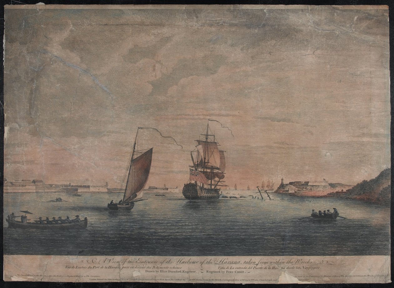 En vy av ingången till Havannas hamn, tagen inifrån vraken, Havanna av Elias (after) Durnford
