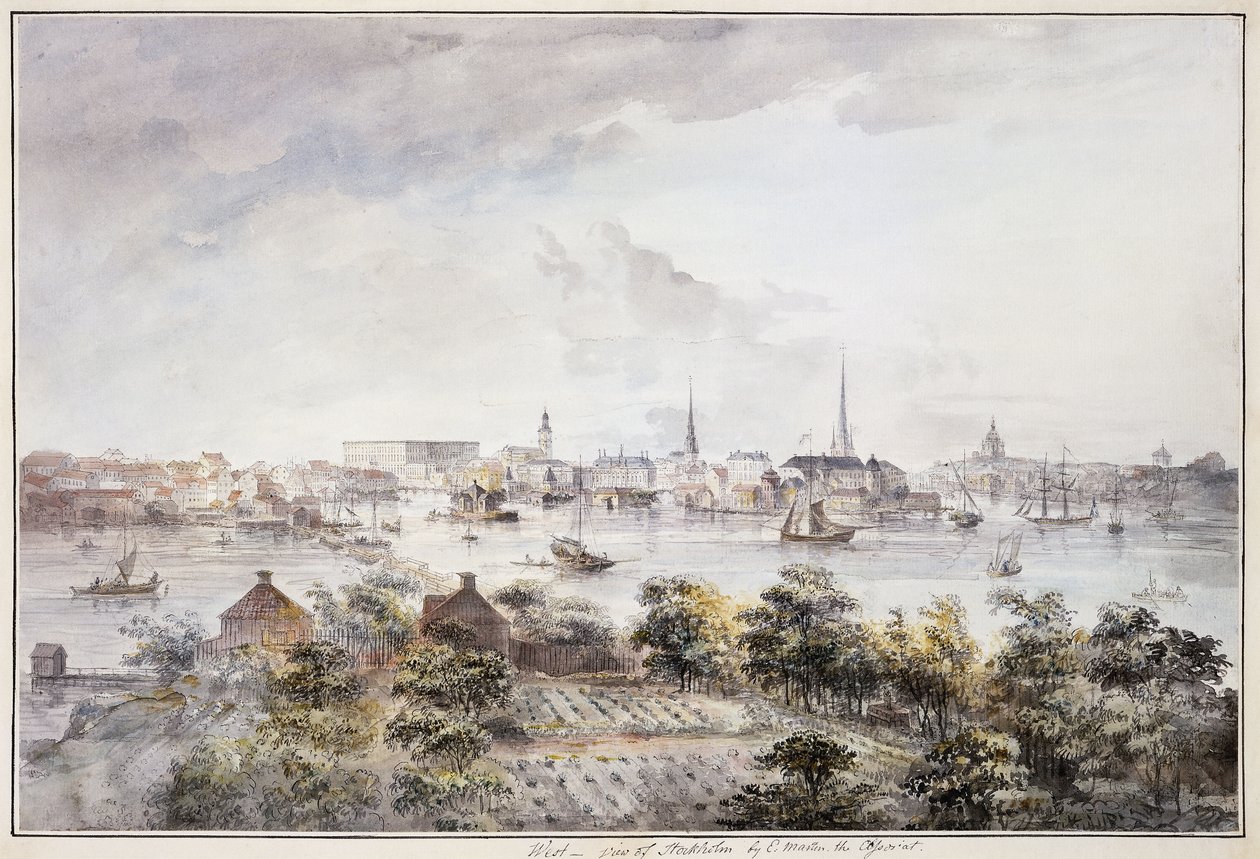A View of Stockholm from Kungsholmen with the Royal Palace and Storkyrkan, Tyskakyrkan, Katarinakyrka and Riddarholmskyrkan, av Elias Martin