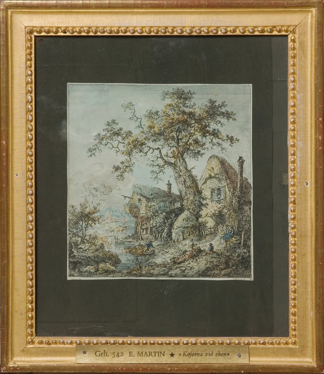 Landschaft mit Bauernhof oder Hütten bei der Eiche av Elias Martin