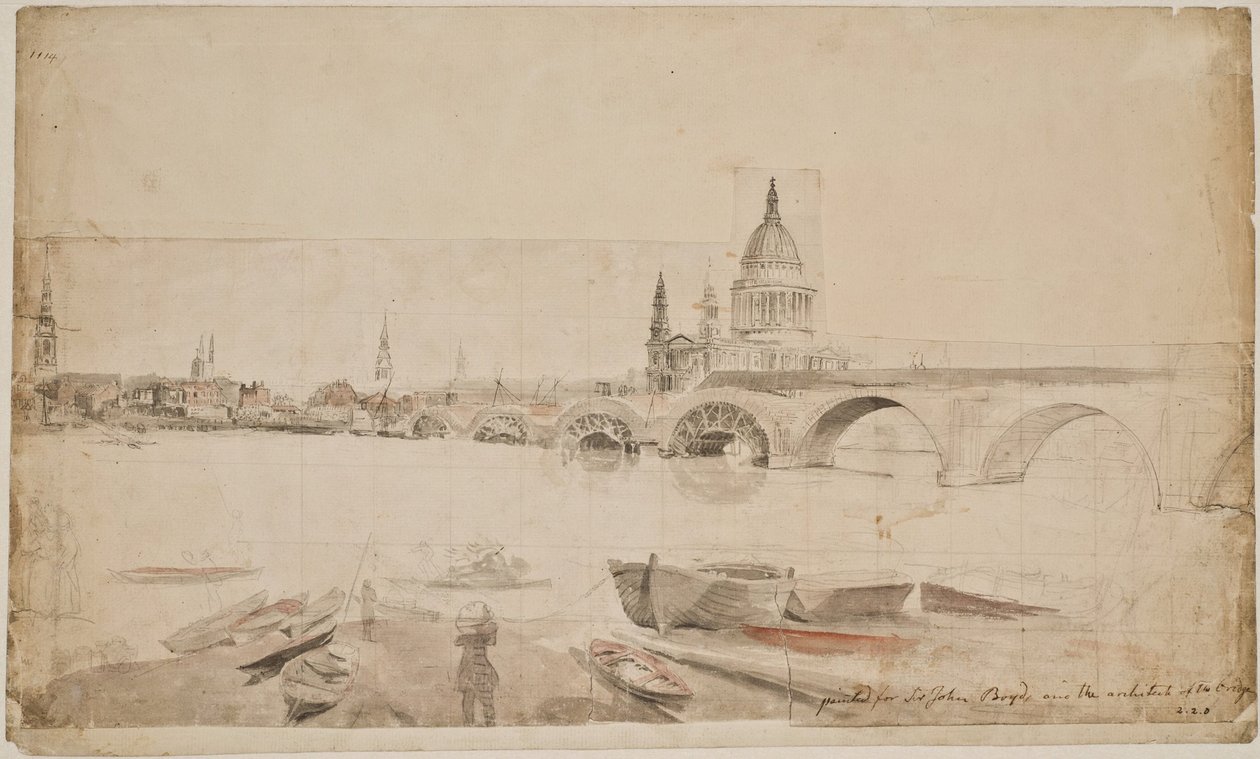 Londonbridge och St. Paul sedda från sidan av Themsens strand av Elias Martin