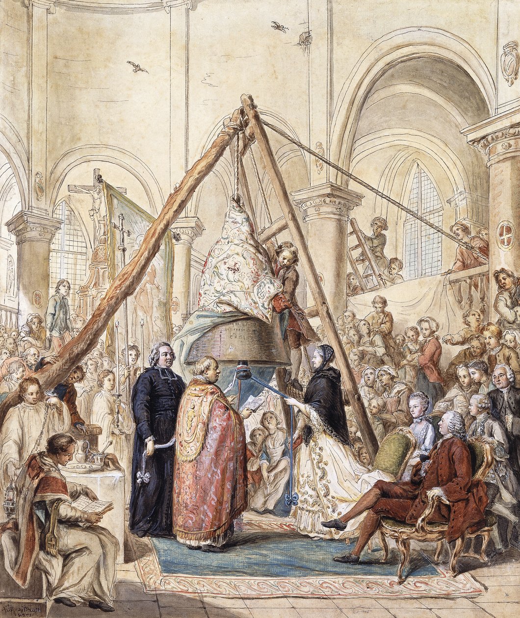 Välsignelsen av klockan i bykyrkan i Ormesson av Marquisse d"Ormesson, deltog av hennes man och bybor, av Elias Martin