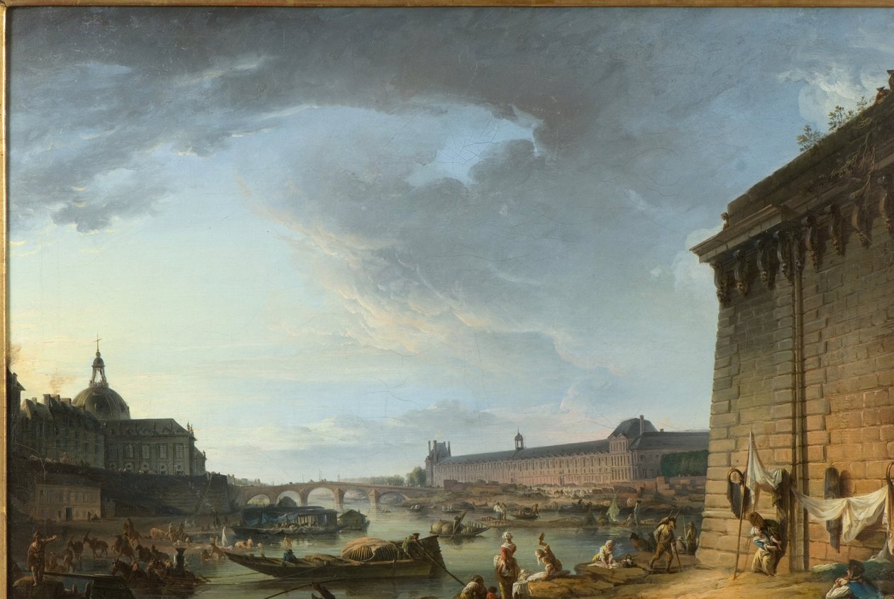 Utsikt över Paris från strandpromenaden under Pont Neuf av Elias Martin