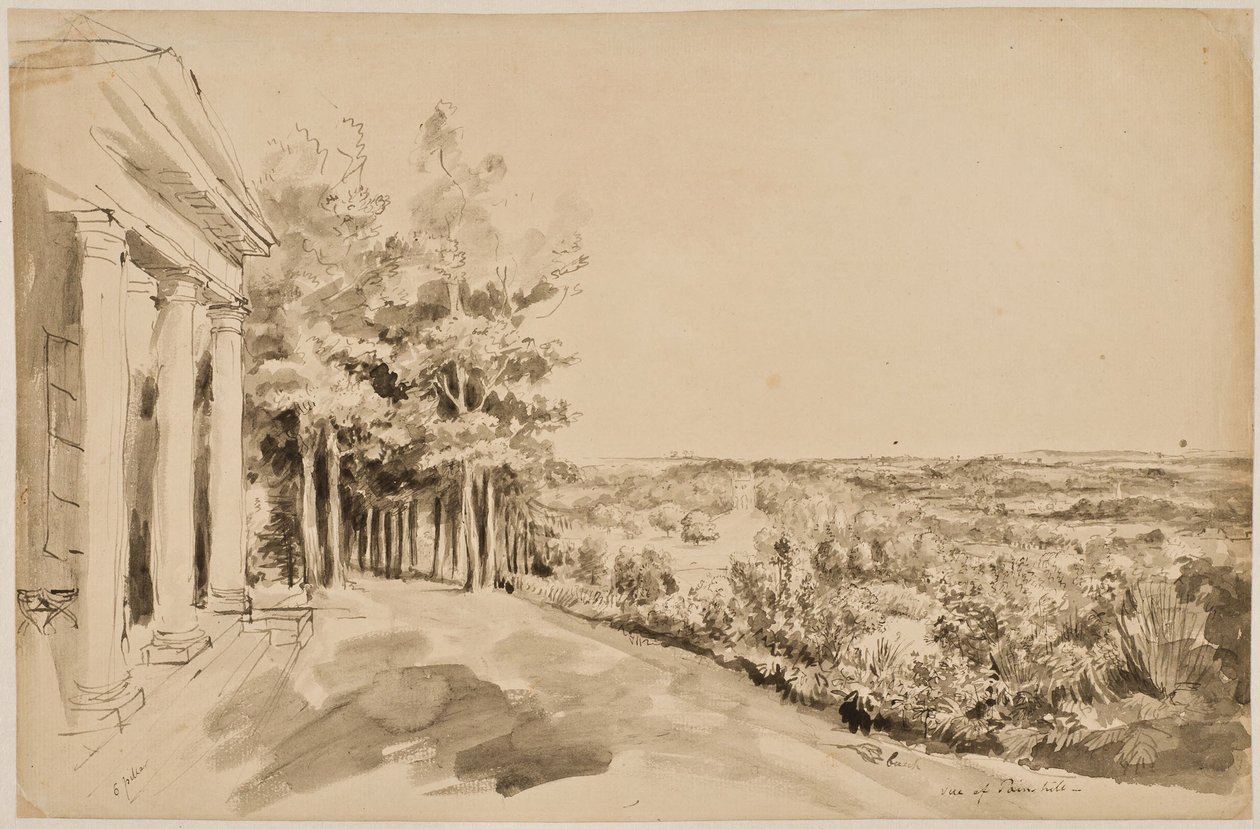 Utsikt över Bacchus-templet med det gotiska templet i bakgrunden i Painshill av Elias Martin