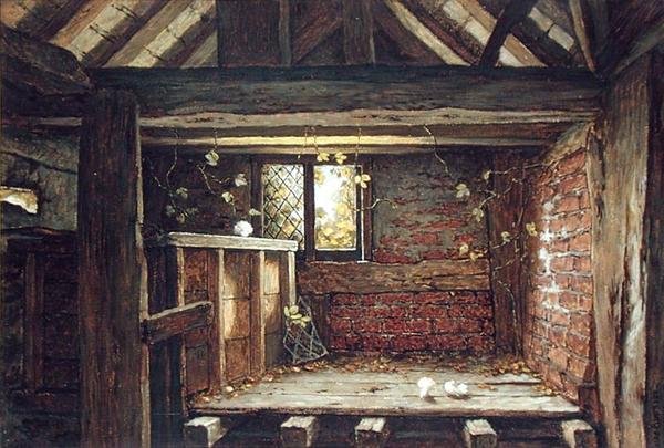 Among the Rafters, Speke Hall, Liverpool (akvarell på papper ombord) av Elias Mollineaux Bancroft