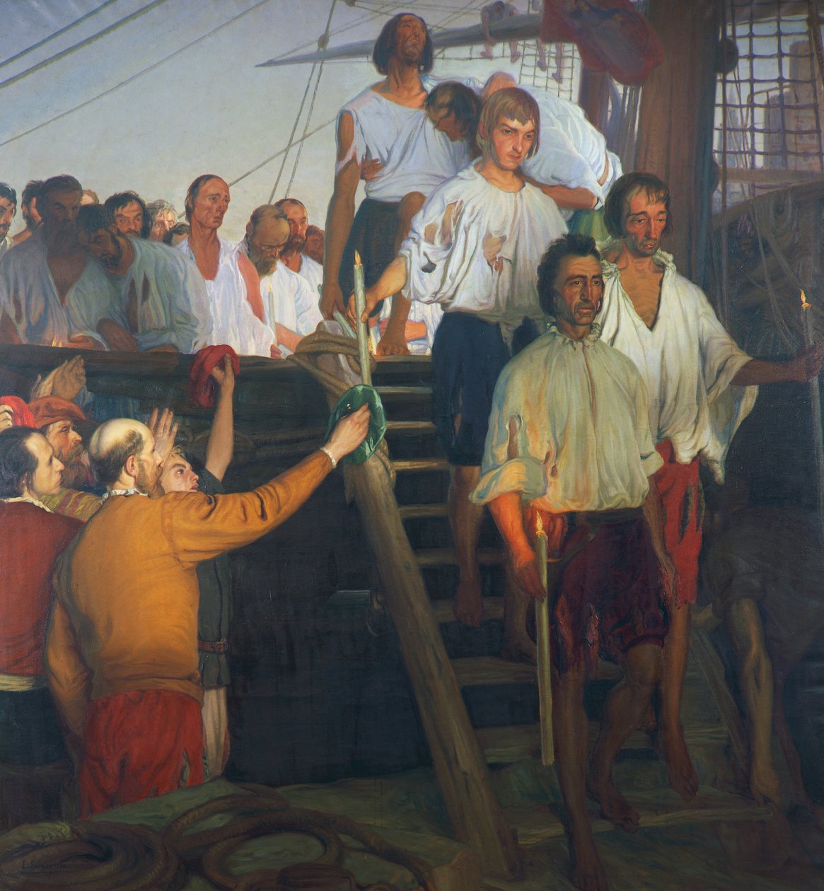 Juan Sebastian Elcano och hans besättning, målning av Elias Salaverria Inchaurrandieta