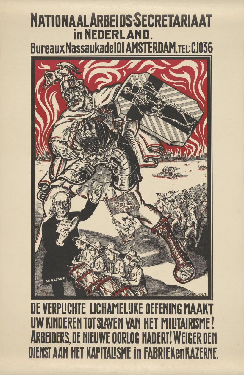 Affisch mot militarism publicerad av National Workers Secretariat i Nederländerna av Elias Smalhout