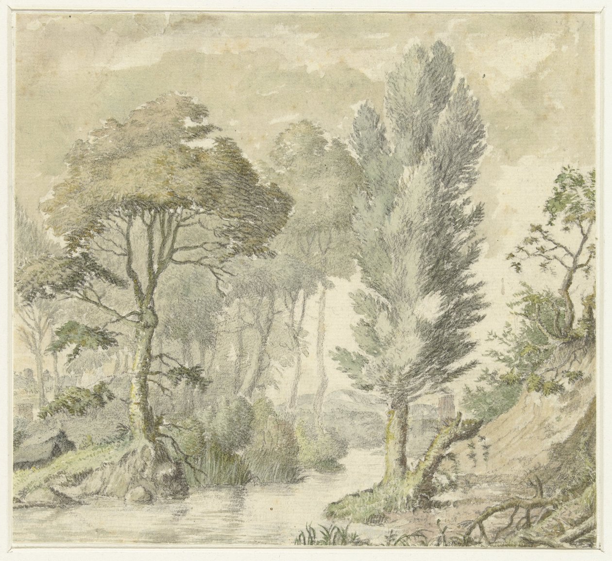 Skogslandskap med en kulle till höger och vatten i mitten av Elias van Nijmegen