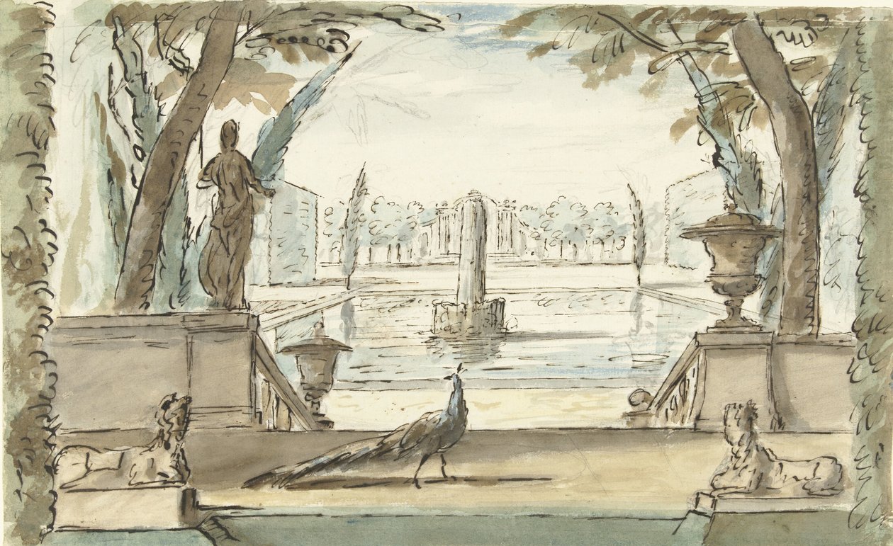 Utsikt i en trädgård med en damm, en fontän och en påfågel av Elias van Nijmegen