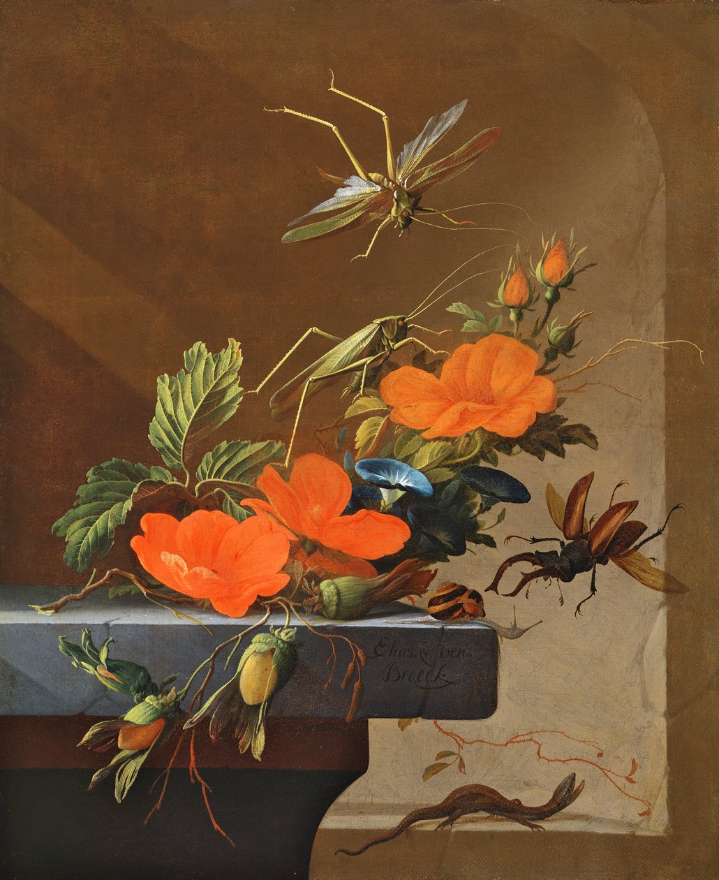 En bukett rosor, Morning Glory och hasselnötter med gräshoppor, hjortbagge och ödla av Elias van den Broeck