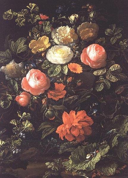 Stilleben med rosor, insekter och sniglar av Elias van den Broeck