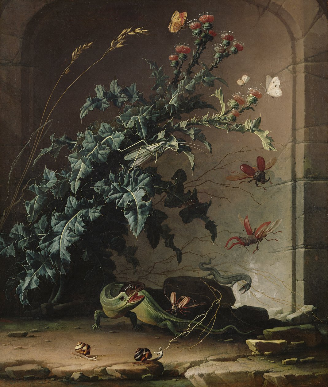 Stennisch med tistel, ödla och insekter, 1690 av Elias van den Broeck