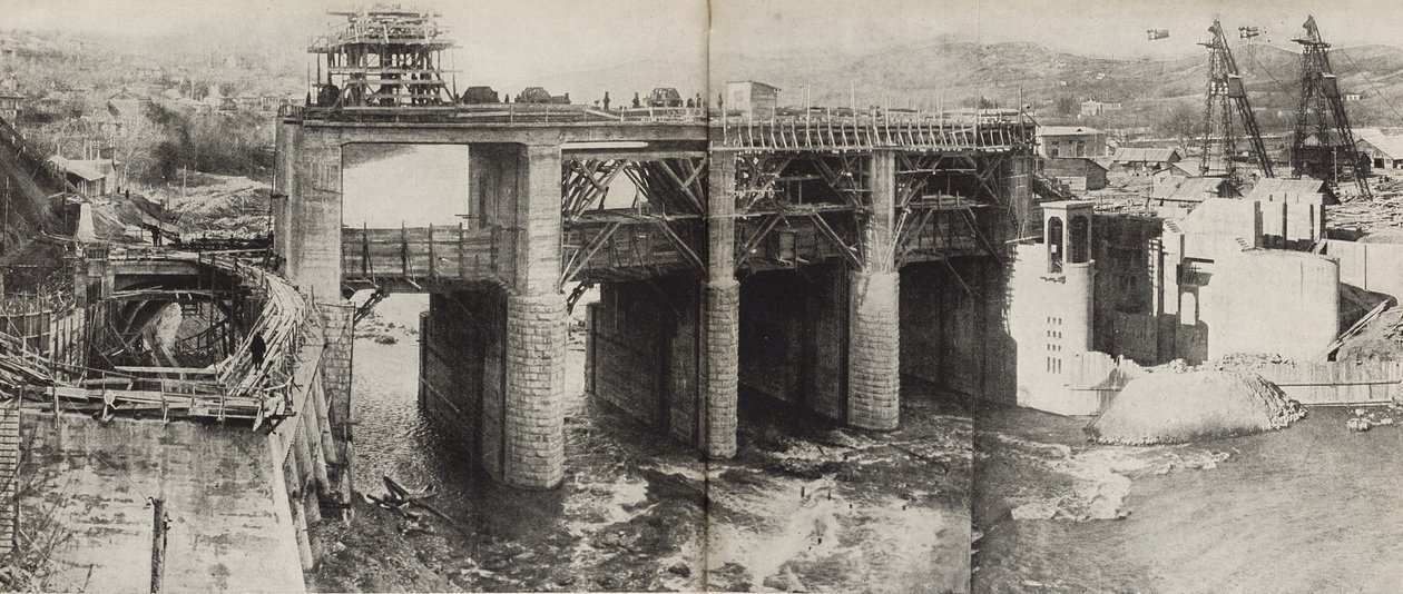 Rioni vattenkraftverk. Illustration från USSR Builds Socialism, 1933. av Eliezer Markowich Lissitzky