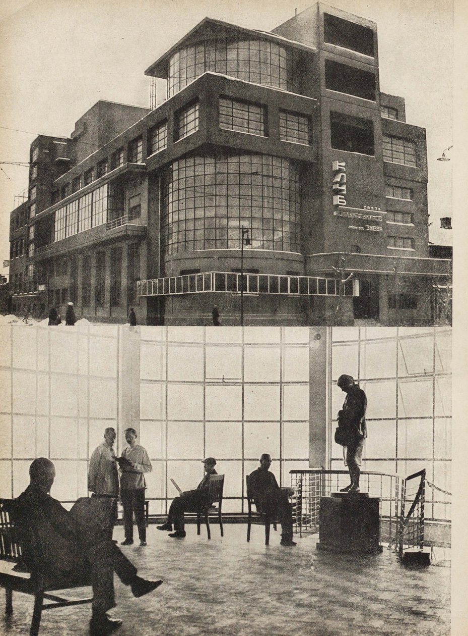 Zuyev Workers Club i Moskva. Illustration från USSR Builds Socialism, 1933. av Eliezer Markowich Lissitzky