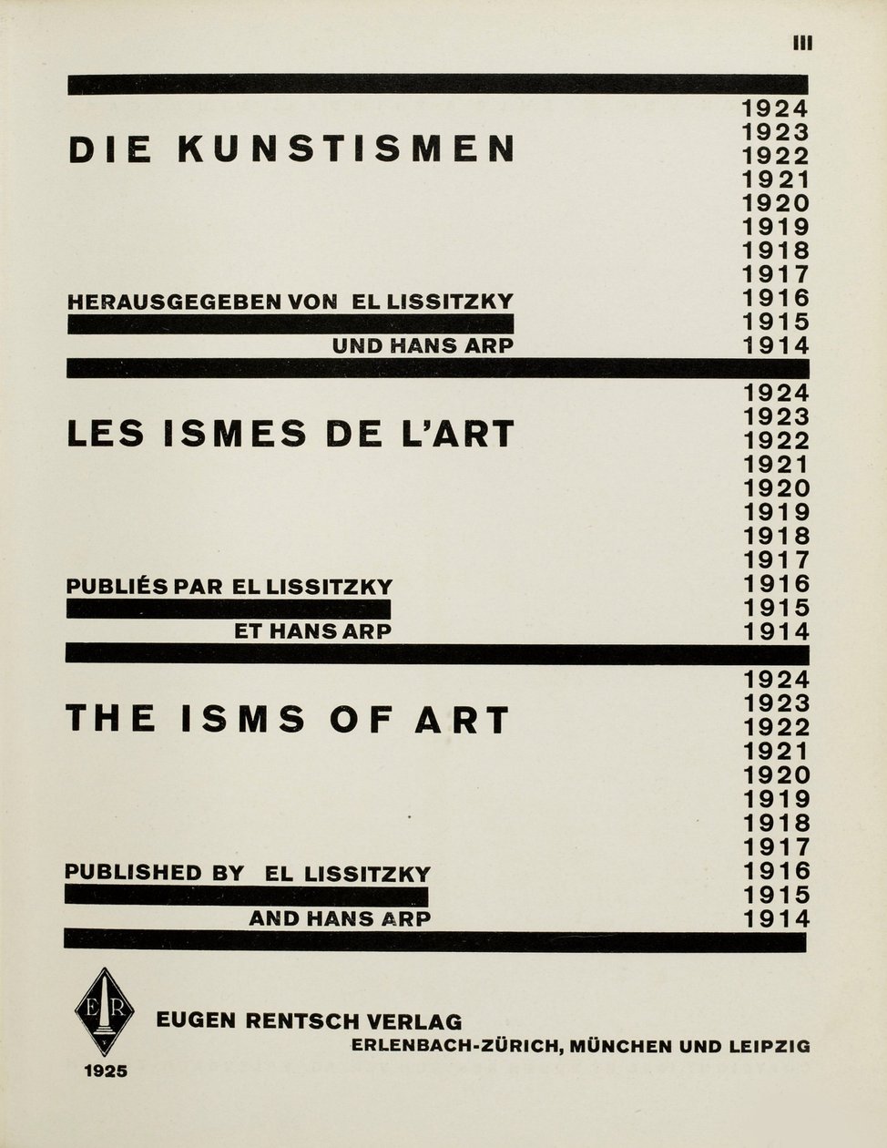 Titelsida: Konstnärerna. The Isms of Art av El Lissitzky och Hans Arp, 1925. av Eliezer Markowich Lissitzky