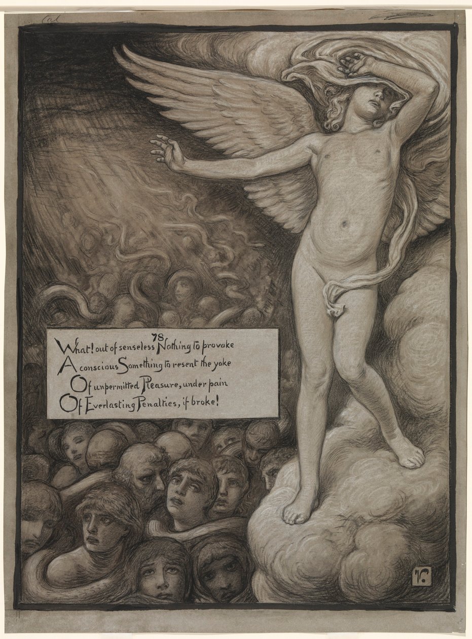 (Illustration till Rubáiyát av Omar Khayyám) Kärleken krymper förskräckt vid åsynen av helvetet av Elihu Vedder