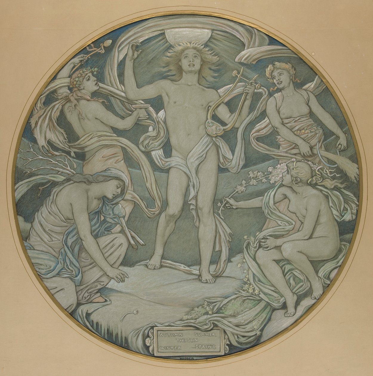 Tecknad film för Center Circle of Huntington Ceiling: Apollo and Attendants av Elihu Vedder