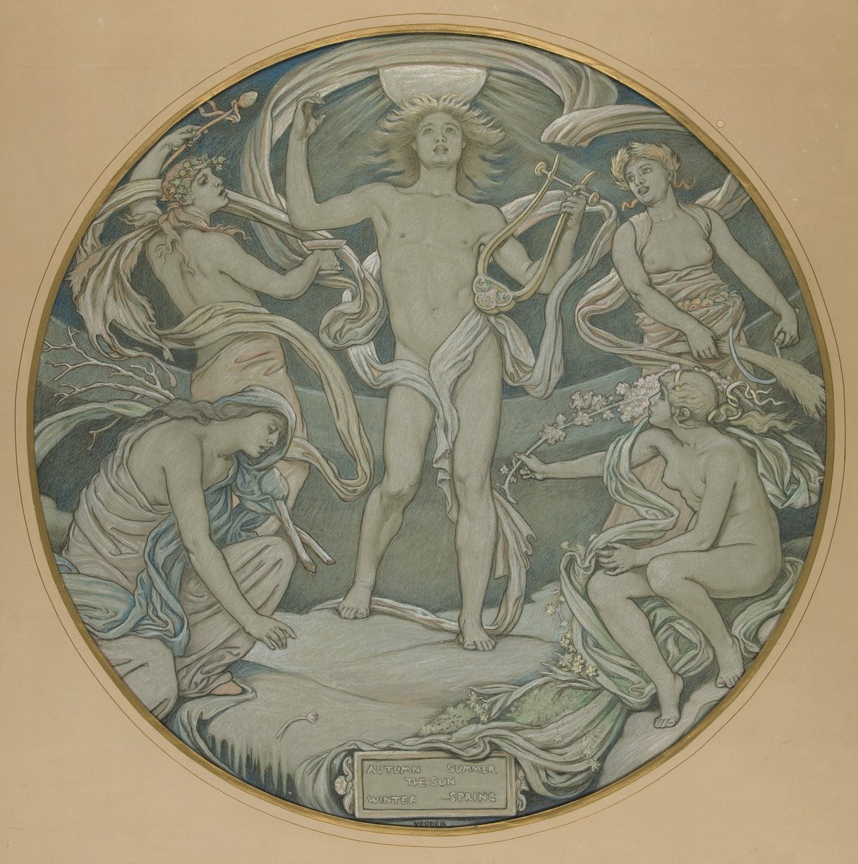 Teckning för mittcirkeln i taket i Huntington: Apollo och hans följe av Elihu Vedder