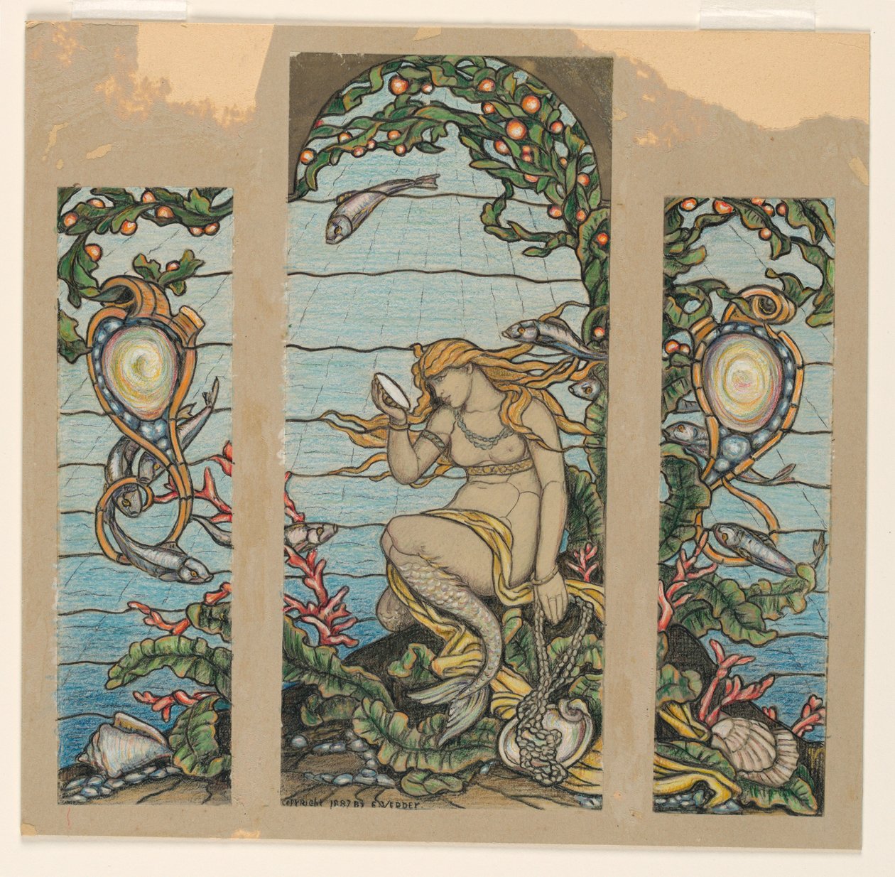 Ritning, Design för glasmålning, The Mermaid Window, för A.H. Barney Residence, New York, NY, 1882 av Elihu Vedder