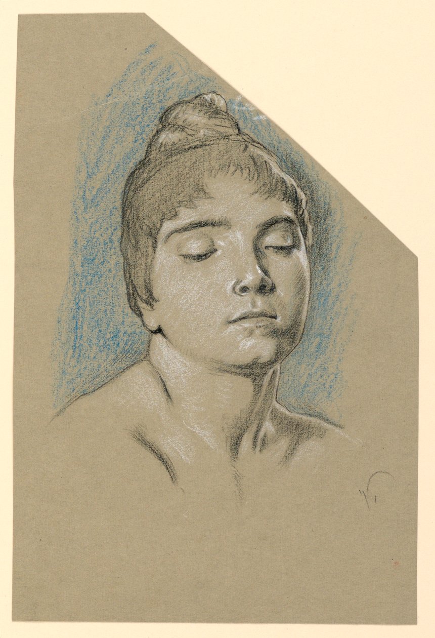 Teckning, Porträttskiss av en ung kvinna med slutna ögon, ca 1885 av Elihu Vedder