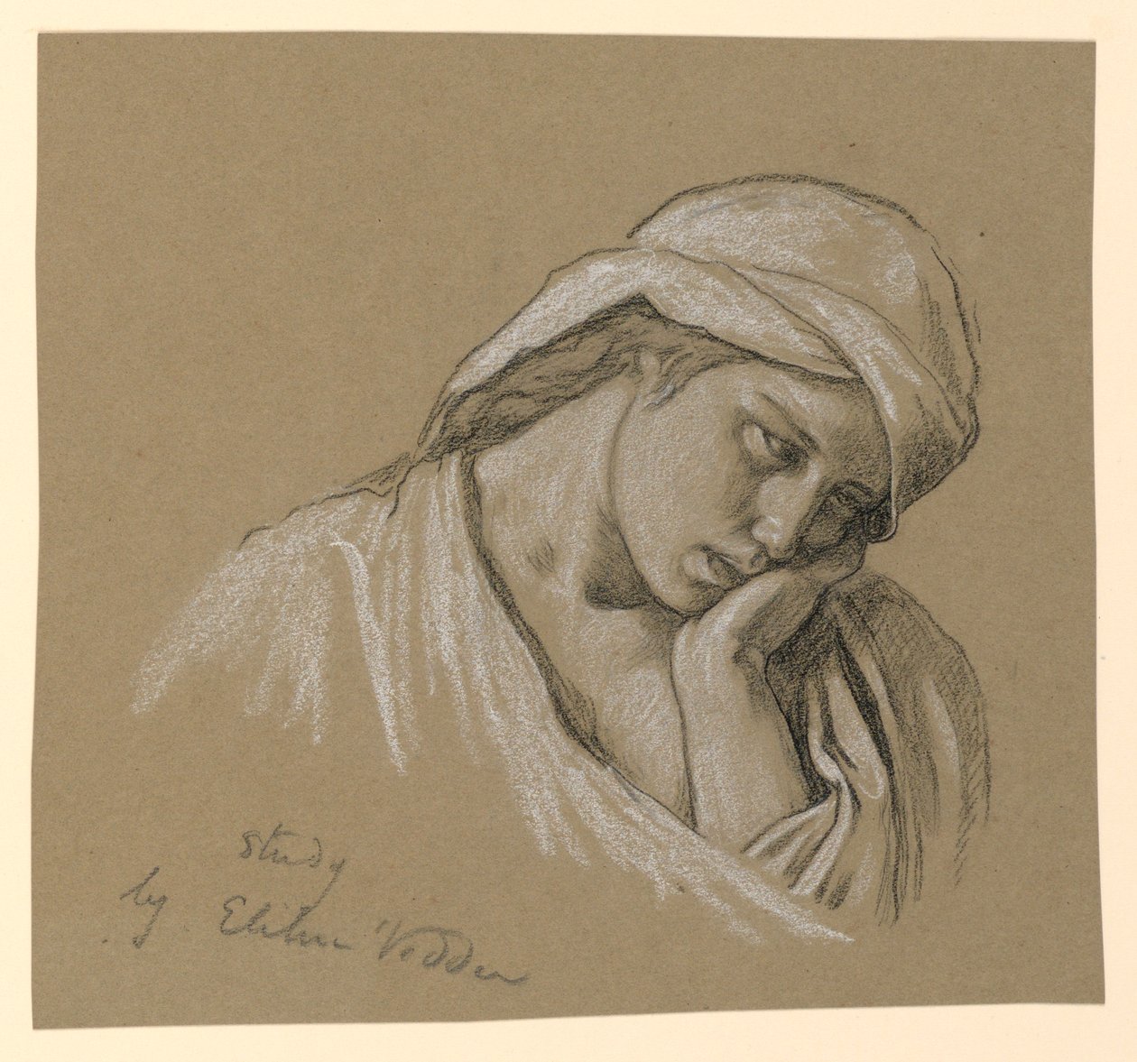 Teckning, Porträtt av en kostymklädd figur, ca 1885 av Elihu Vedder