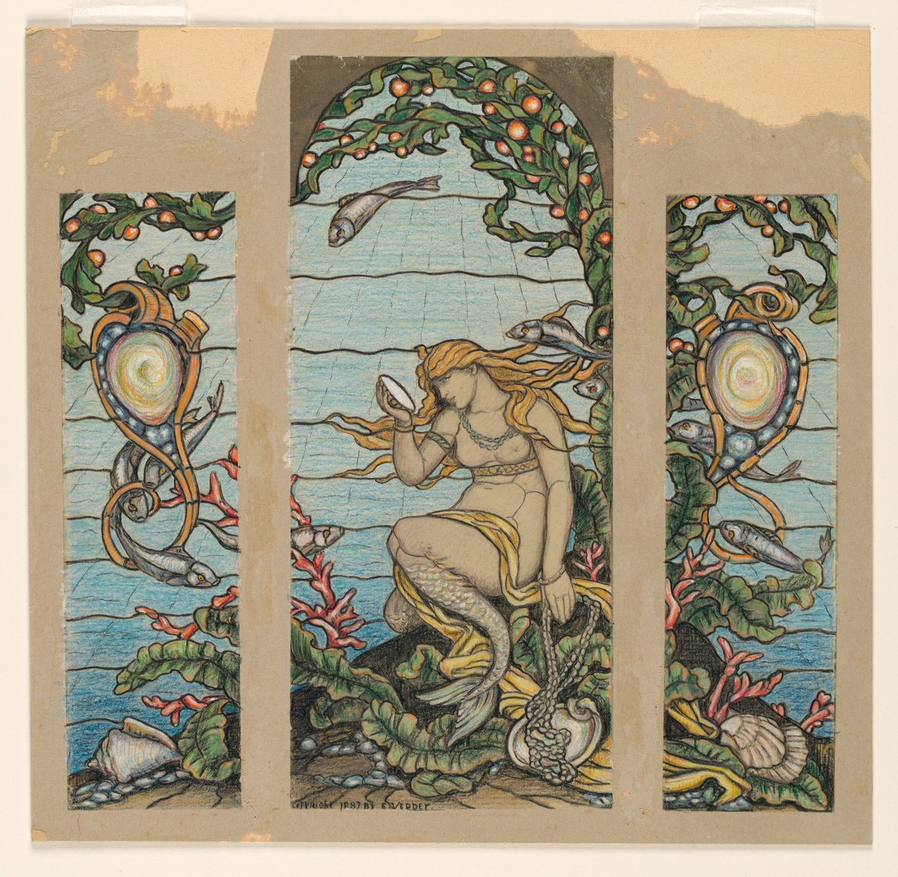 Ritning, "The Mermaid Window", Design för glasmålning till A.H. Barneys bostad, New York, NY, 1882 av Elihu Vedder