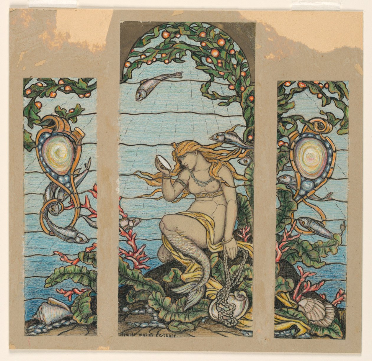 Ritning, "The Mermaid Window", Design för glasmålning till A.H. Barneys bostad, New York, NY, 1882 av Elihu Vedder