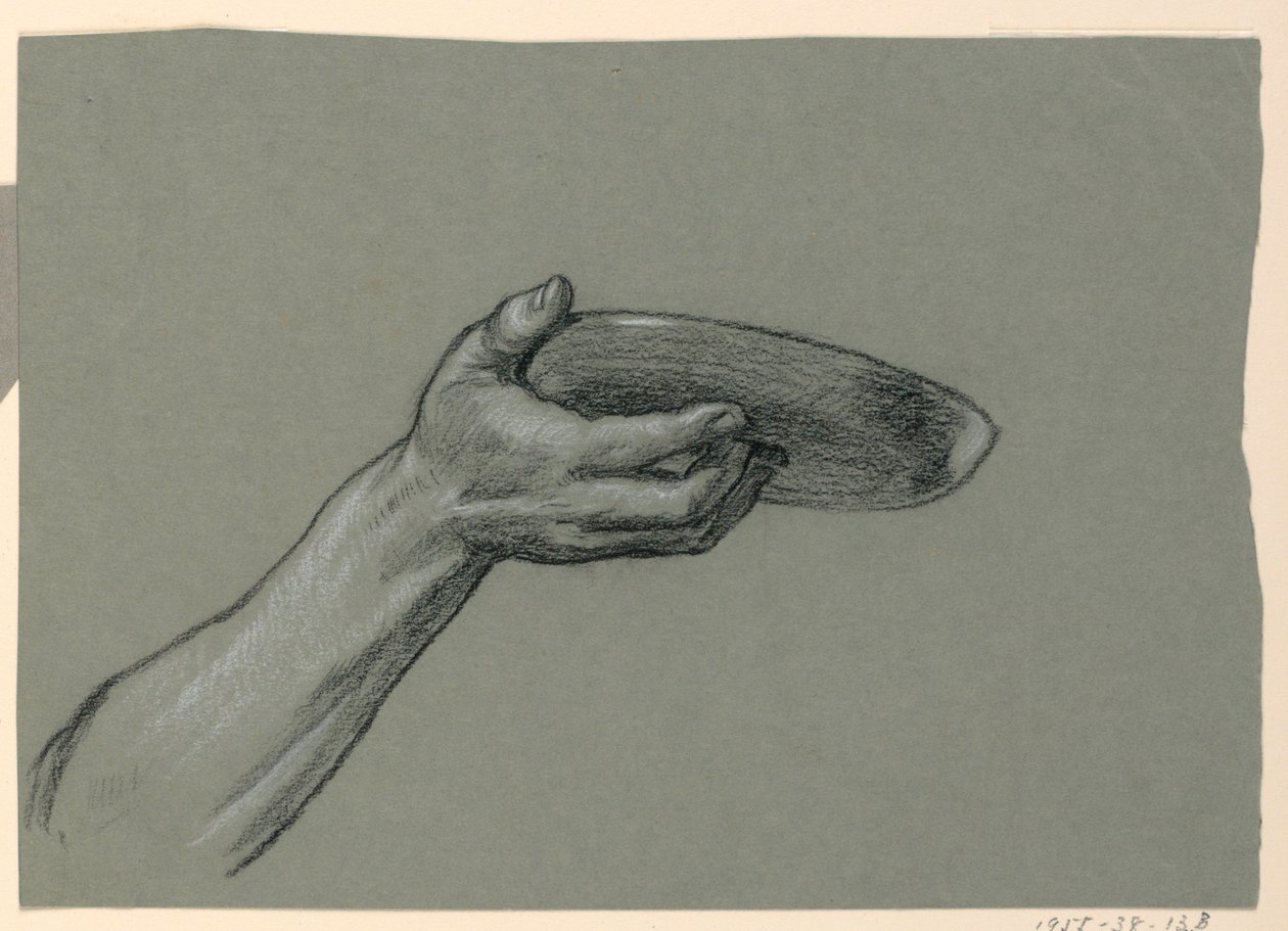 Teckning, detalj av underarm och hand som håller cirkulärt föremål, ca 1885 av Elihu Vedder