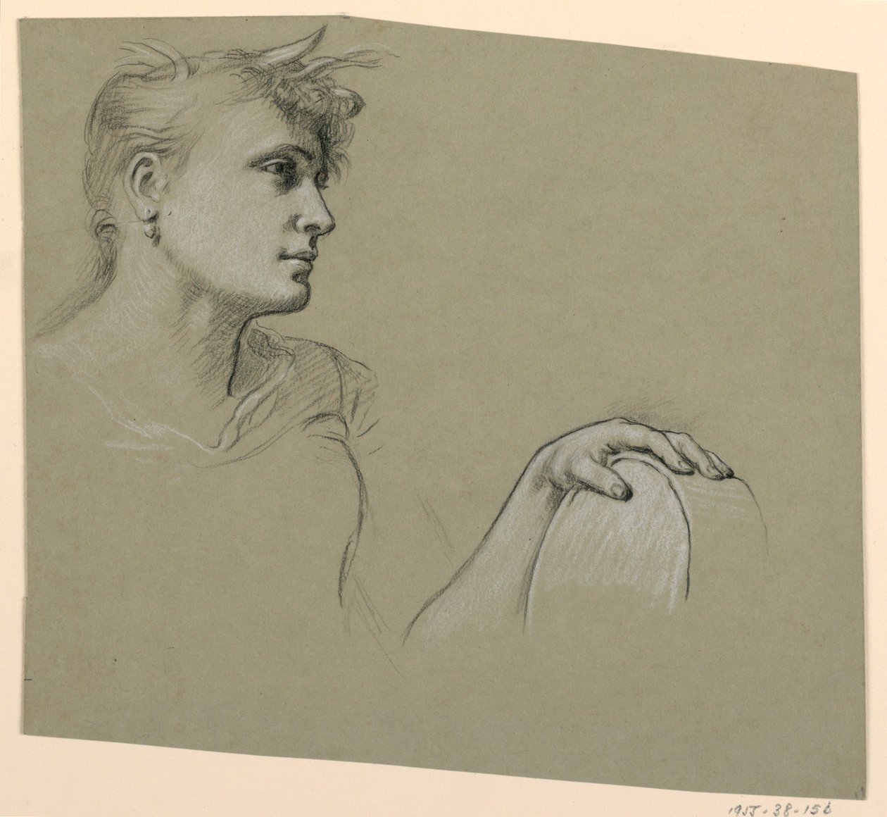 Teckning, kvinnoprofil och studie av vänster hand, ca 1885 av Elihu Vedder