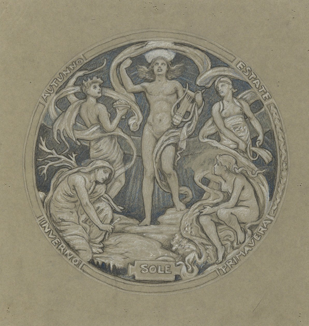 Studie för Center Circle of Huntington Ceiling: Apollo and Attendants av Elihu Vedder