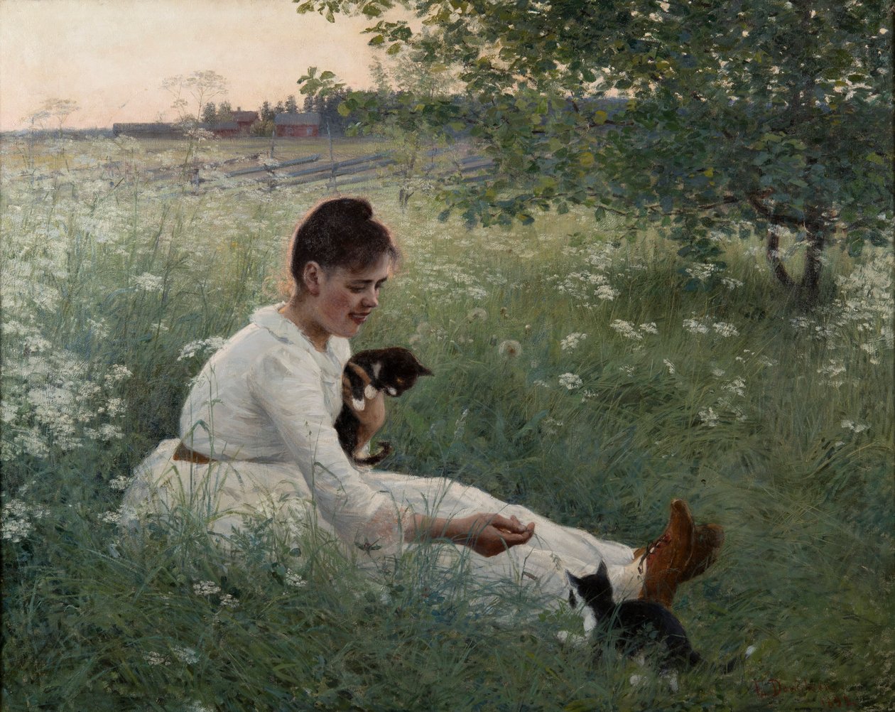 Ung flicka med katter i ett sommarlandskap - Flicka med katter i ett sommarlandskap - Elin Danielson-Gambogi (1861-1919). olja på duk av Elin Danielson Gambogi
