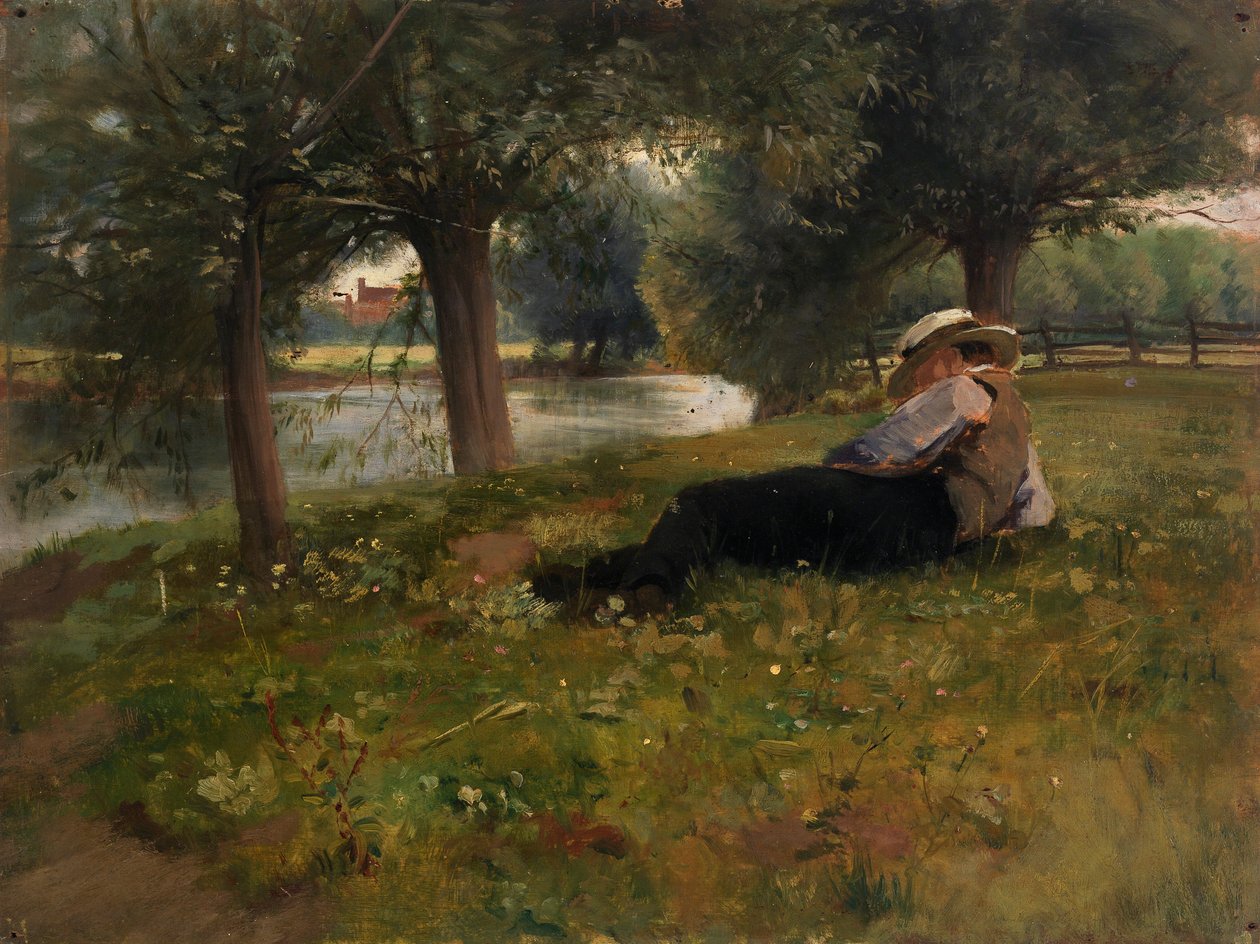 Man liggande bredvid en bäck, sent 1800-tidigt 1900-tal. av Eliphalet Frazer Andrews